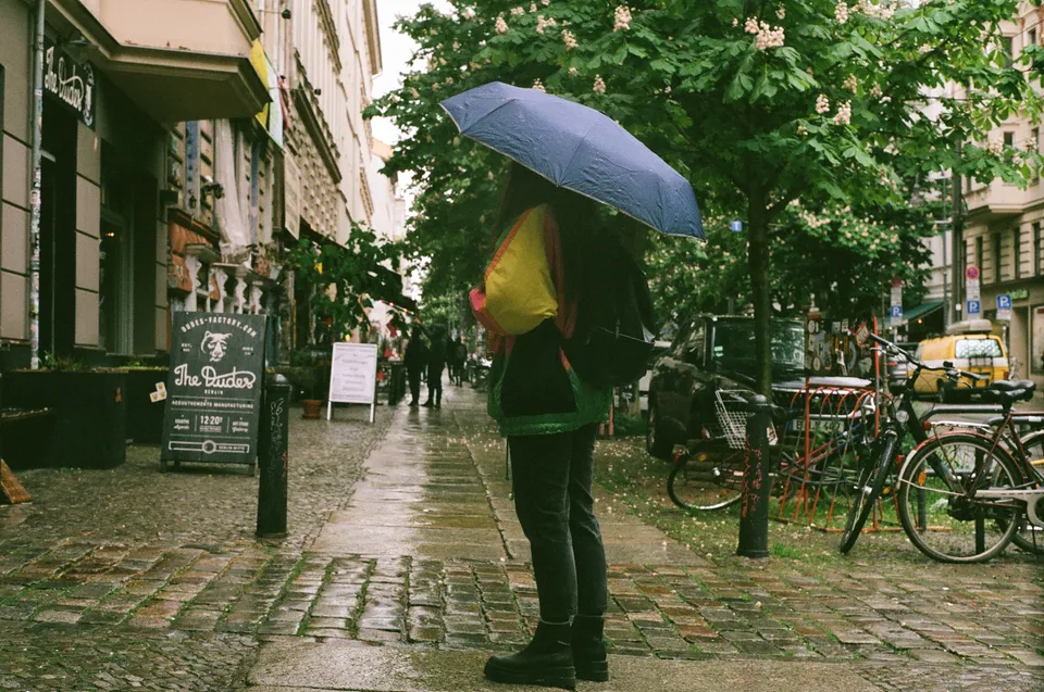 Eine Person mit einem blauen Regenschirm steht auf einer regennassen Straße vor grünen Bäumen.