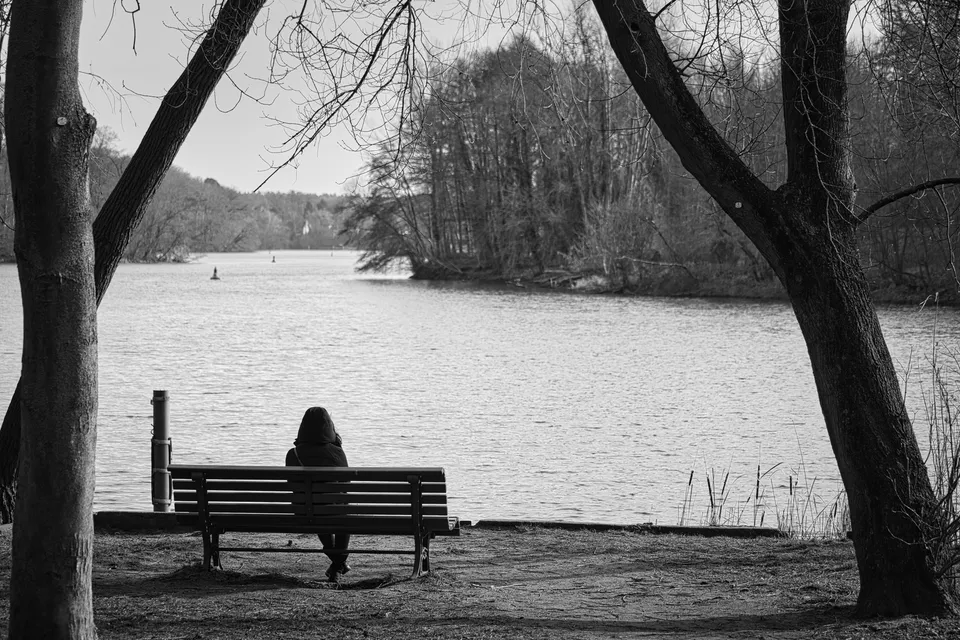 Eine Person sitzt auf einer Bank am Ufer eines Sees, eingerahmt von Bäumen.