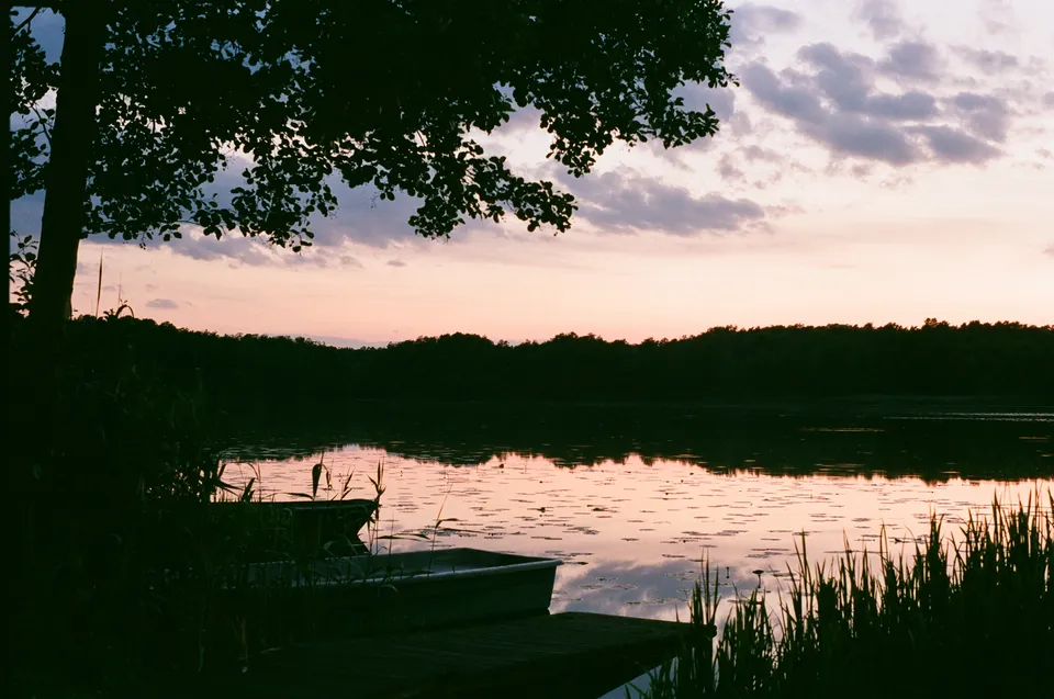 Ein See bei Sonnenuntergang mit Silhouetten von Bäumen, Pflanzen und einem kleinen Boot im Vordergrund.