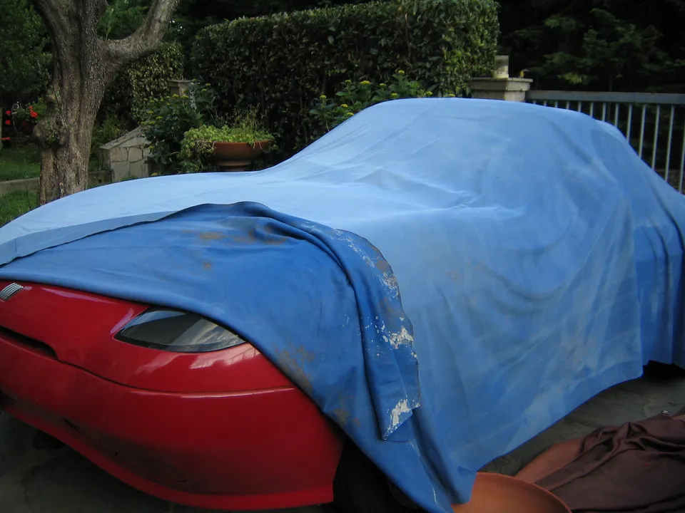 Ein rotes Auto steht im Freien unter einer großen blauen Plane vor grünen Büschen.