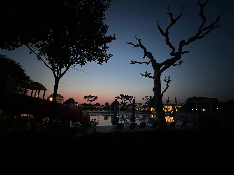 Silhouetten von Bäumen vor einem Abendhimmel über einem beleuchteten Außenpool.