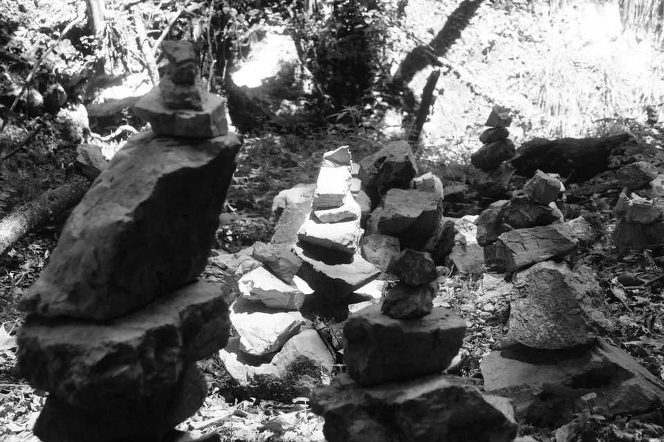 Mehrere aufgetürmte Steine stehen auf einem Waldboden unter Bäumen.