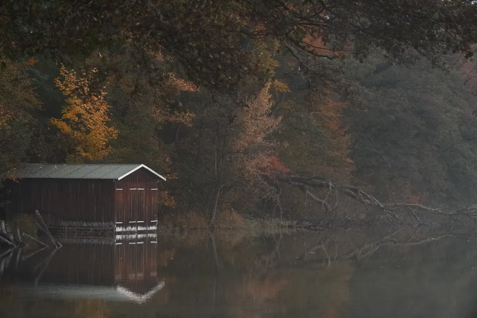 Eine kleine hölzerne Hütte steht am Ufer eines ruhigen Sees, umgeben von herbstlichen Bäumen im Nebel.