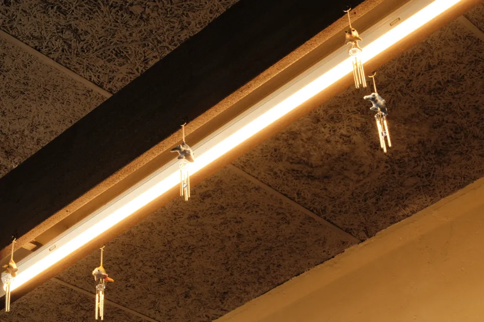 Eine lange Lichtleiste an einer strukturierten Decke mit kleinen, herabhängenden Skulpturen.